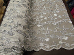 Load image into Gallery viewer, Ribbon Embroidery GREY Scalloped Edge Lace Fabric Perfect for Wedding Dress and Prom Mechanical Stretch Sold By the Yard 50" Width
