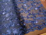 Load image into Gallery viewer, Ribbon Embroidery NAVY BLUE Scalloped Edge Lace Fabric Perfect for Wedding Dress and Prom Mechanical Stretch Sold By the Yard 50" Width

