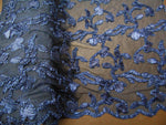 Load image into Gallery viewer, Ribbon Embroidery NAVY BLUE Scalloped Edge Lace Fabric Perfect for Wedding Dress and Prom Mechanical Stretch Sold By the Yard 50" Width
