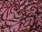Load image into Gallery viewer, Victorian  SWEETHEART Damask 4-Way Stretch Mesh Lace BURGUNDY Tiny Sequin Fabric 56" Sold By the Yard, Regency, Edwardian, Red Carpet,
