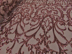 Load image into Gallery viewer, Victorian  SWEETHEART Damask 4-Way Stretch Mesh Lace PEACH Tiny Sequin Fabric 56" Sold By the Yard, Regency, Edwardian, Red Carpet,
