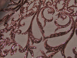 Load image into Gallery viewer, Victorian  SWEETHEART Damask 4-Way Stretch Mesh Lace PEACH Tiny Sequin Fabric 56" Sold By the Yard, Regency, Edwardian, Red Carpet,

