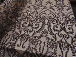 Load image into Gallery viewer, Victorian  SWEETHEART Damask 4-Way Stretch Mesh Lace TAUPE Tiny Sequin Fabric 56" Sold By the Yard, Regency, Edwardian, Red Carpet,
