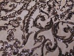 Load image into Gallery viewer, Victorian  SWEETHEART Damask 4-Way Stretch Mesh Lace TAUPE Tiny Sequin Fabric 56" Sold By the Yard, Regency, Edwardian, Red Carpet,
