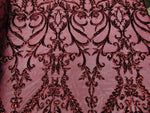 Load image into Gallery viewer, Victorian  SWEETHEART Damask 4-Way Stretch Mesh Lace BURGUNDY Tiny Sequin Fabric 56" Sold By the Yard, Regency, Edwardian, Red Carpet,
