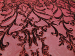 Load image into Gallery viewer, Victorian  SWEETHEART Damask 4-Way Stretch Mesh Lace BURGUNDY Tiny Sequin Fabric 56" Sold By the Yard, Regency, Edwardian, Red Carpet,
