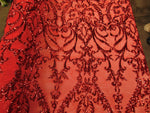 Load image into Gallery viewer, Victorian  SWEETHEART Damask 4-Way Stretch Mesh Lace RED Tiny Sequin Fabric 56" Sold By the Yard, Regency, Edwardian, Red Carpet,
