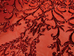 Load image into Gallery viewer, Victorian  SWEETHEART Damask 4-Way Stretch Mesh Lace RED Tiny Sequin Fabric 56" Sold By the Yard, Regency, Edwardian, Red Carpet,
