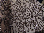 Load image into Gallery viewer, Victorian  SWEETHEART Damask 4-Way Stretch Mesh Lace TAUPE Tiny Sequin Fabric 56" Sold By the Yard, Regency, Edwardian, Red Carpet,

