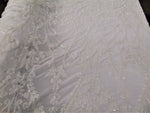 Load image into Gallery viewer, Victorian  SWEETHEART Damask 4-Way Stretch Mesh Lace WHITE Tiny Sequin Fabric 56" Sold By the Yard, Regency, Edwardian, Red Carpet,
