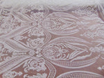 Load image into Gallery viewer, Victorian Egg/Tulip, White, Big Print, Sequin, 4-way Stretch, Fabric 54" Sold By the Yard, Wedding, Prom, Dresses, Lingerie, Pageant
