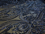 Load image into Gallery viewer, Sequin Victorian Egg/Tulip, Navy, Big Print, Sequin, 4-way Stretch, Fabric 54"
