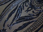 Load image into Gallery viewer, Sequin Victorian Egg/Tulip, Navy, Big Print, Sequin, 4-way Stretch, Fabric 54"
