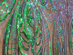 Load image into Gallery viewer, Victorian Egg/Tulip, Iridescent Green, on black mesh, Big Print, Sequin, 4-way Stretch, Fabric 54" By the Yard, Wedding, Prom, Dresses, Ling
