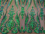 Load image into Gallery viewer, Victorian Egg/Tulip, Iridescent Green, on black mesh, Big Print, Sequin, 4-way Stretch, Fabric 54" By the Yard, Wedding, Prom, Dresses, Ling
