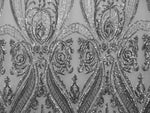 Load image into Gallery viewer, Victorian Egg/Tulip, Silver, Big Print, Sequin, 4-way Stretch, Fabric 54" Sold By the Yard, Wedding, Prom, Dresses, Lingerie, Pageant
