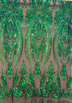 Load image into Gallery viewer, Victorian Egg/Tulip, Iridescent Green, on black mesh, Big Print, Sequin, 4-way Stretch, Fabric 54" By the Yard, Wedding, Prom, Dresses, Ling
