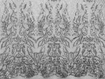 Load image into Gallery viewer, Sequin 4 way stretch,KARMA, Silver (White Mesh), Big Print, Fabric 54" Sold By the Yard

