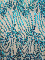 Load image into Gallery viewer, SUTRA , Aqua blue, Big Print, Sequin, 4-way Stretch, Fabric 54" Sold By the yard
