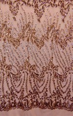 Load image into Gallery viewer, SUTRA , Rose Gold on nude mesh, Big Print, Sequin, 4-way Stretch, Fabric 54" Sold By the Yard
