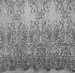 Load image into Gallery viewer, Sequin 4 way stretch,KARMA, Silver (White Mesh), Big Print, Fabric 54" Sold By the Yard
