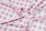 Load image into Gallery viewer, 5 YARDS- Pink on white 1.5" polka dot charmeuse Fabric /58" WIDE
