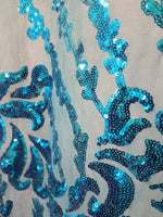 Load image into Gallery viewer, SUTRA , Aqua blue, Big Print, Sequin, 4-way Stretch, Fabric 54" Sold By the yard
