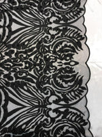 Load image into Gallery viewer, BEADED scalloped Fabric by the yard, 52" Wide Lace, BLACK , mesh, dress,
