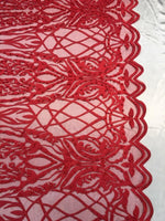 Load image into Gallery viewer, BEADED scalloped Fabric by the yard, 52" Wide Lace, RED , mesh, dress,
