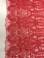 Load image into Gallery viewer, BEADED scalloped Fabric by the yard, 52" Wide Lace, RED , mesh, dress,
