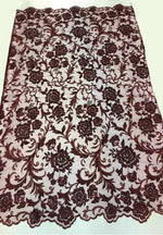Load image into Gallery viewer, BURGUNDY HAND LACE  scalloped Fabric by the yard, 52" Wide Lace, mesh, dress,
