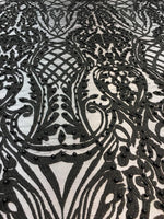 Load image into Gallery viewer, BEADED scalloped Fabric by the yard, 52" Wide Lace, BLACK , mesh, dress,
