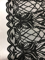 Load image into Gallery viewer, BEADED scalloped Fabric by the yard, 52" Wide Lace, BLACK , mesh, dress,
