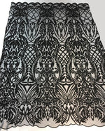 Load image into Gallery viewer, BEADED scalloped Fabric by the yard, 52" Wide Lace, BLACK , mesh, dress,
