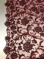 Load image into Gallery viewer, BURGUNDY HAND LACE  scalloped Fabric by the yard, 52" Wide Lace, mesh, dress,
