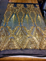 Load image into Gallery viewer, Jewel , Gold Big Print, Sequin, 4-way Stretch, Fabric 54" By the Yard, Wedding, Prom, Dresses, Lingerie, Pageant
