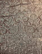 Load image into Gallery viewer, Victorian  SWEETHEART Damask 4-Way Stretch Mesh Lace CHAMPAGNE Tiny Sequin Fabric 56" Sold By the Yard, Regency, Edwardian, Red Carpet,
