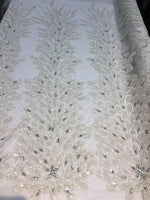 Load image into Gallery viewer, WHITE Vegas peacock sequin gem beaded on mesh, sold by the PANEL - prom, wedding, pageant, costume, home decor,dress
