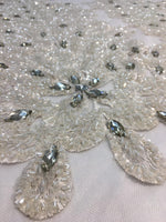 Load image into Gallery viewer, IVORY Vegas peacock sequin gem beaded on mesh, sold by the PANEL - prom, wedding, pageant, costume, home decor,dress, FREESHIPPING
