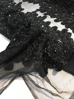 Load image into Gallery viewer, BLACK peacock sequin gem beaded on mesh, sold by the PANEL - prom, wedding, pageant, costume
