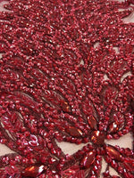 Load image into Gallery viewer, BURGUNDY Vegas peacock sequin gem beaded on mesh, sold by the PANEL - prom, wedding, pageant, costume, home decor,dress, FREESHIPPING

