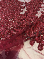 Load image into Gallery viewer, BURGUNDY Vegas peacock sequin gem beaded on mesh, sold by the PANEL - prom, wedding, pageant, costume, home decor,dress, FREESHIPPING
