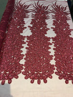 Load image into Gallery viewer, BURGUNDY Vegas peacock sequin gem beaded on mesh, sold by the PANEL - prom, wedding, pageant, costume, home decor,dress, FREESHIPPING
