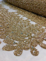 Load image into Gallery viewer, GOLD Vegas peacock sequin gem beaded on mesh, sold by the PANEL - prom, wedding, pageant, costume, home decor,dress
