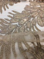 Load image into Gallery viewer, LIGHT GOLD Vegas peacock sequin gem beaded on mesh, sold by the PANEL - prom, wedding, pageant, costume, home decor,dress,
