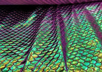 Load image into Gallery viewer, Mermaid Hologram Spandex- Purple, green, gold and Turquoise, Over a Purple Base  Metallic foil scales Fabric by the yard
