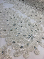 Load image into Gallery viewer, IVORY Vegas peacock sequin gem beaded on mesh, sold by the PANEL - prom, wedding, pageant, costume, home decor,dress, FREESHIPPING
