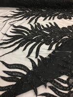 Load image into Gallery viewer, BLACK peacock sequin gem beaded on mesh, sold by the PANEL - prom, wedding, pageant, costume
