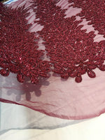 Load image into Gallery viewer, BURGUNDY Vegas peacock sequin gem beaded on mesh, sold by the PANEL - prom, wedding, pageant, costume, home decor,dress, FREESHIPPING
