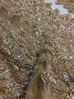 Load image into Gallery viewer, GOLD Vegas peacock sequin gem beaded on mesh, sold by the PANEL - prom, wedding, pageant, costume, home decor,dress
